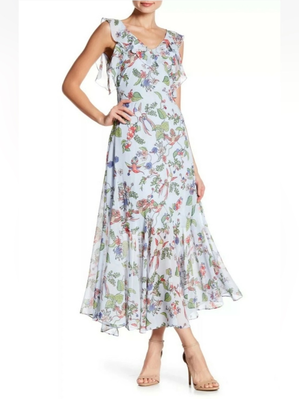 Nanette Lepore Sky Blue Floral Ruffle Maxi Dress Size 2